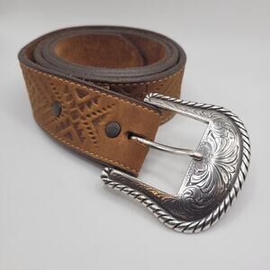 Justin Belt Mens 32 Brown Leather Western Geometric Silver Buckle Cowboy Sequoia